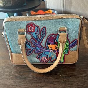 Consuela Blue and Tan Satchel with Embroidered Bird